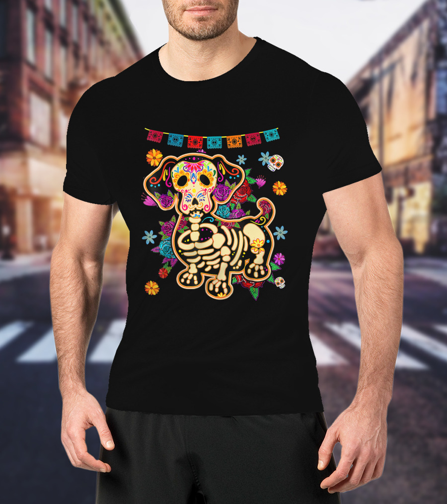 Sugar Skull Mexican Dachshund Bone Halloween Day Of The Dead Dog Skeleton Flowers T-Shirt