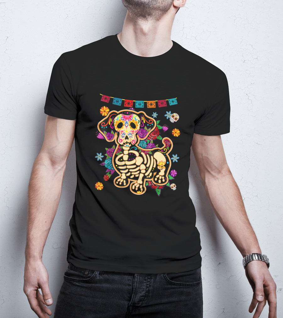 Sugar Skull Mexican Dachshund Bone Halloween Day Of The Dead Dog Skeleton Flowers T-Shirt