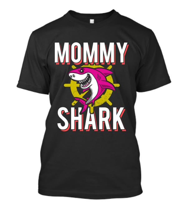 Mommy Shark Cartoon Pink Shark With Yellow Helm Background T-Shirt
