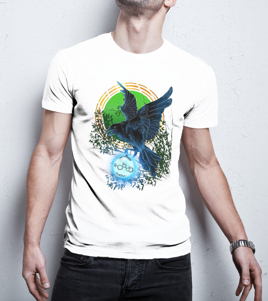 Pointcrow Raven Orb Enigma With Rings And Foliage T-Shirt