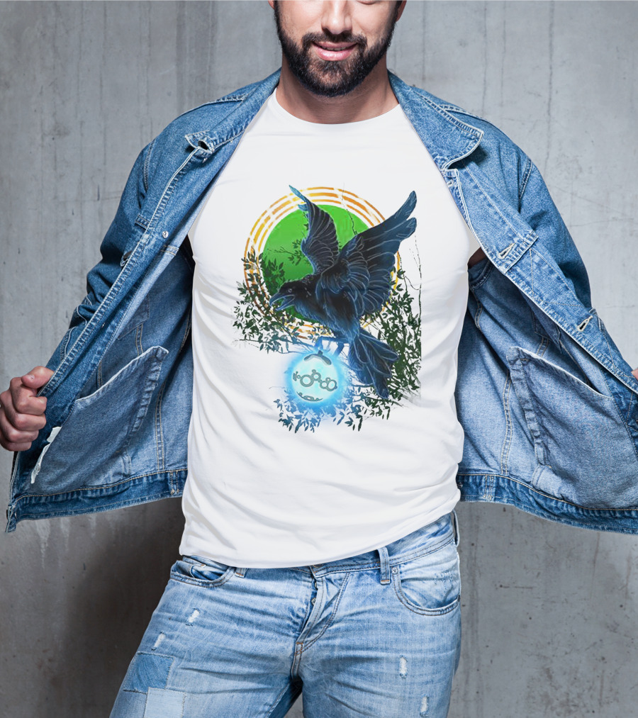 Pointcrow Raven Orb Enigma With Rings And Foliage T-Shirt