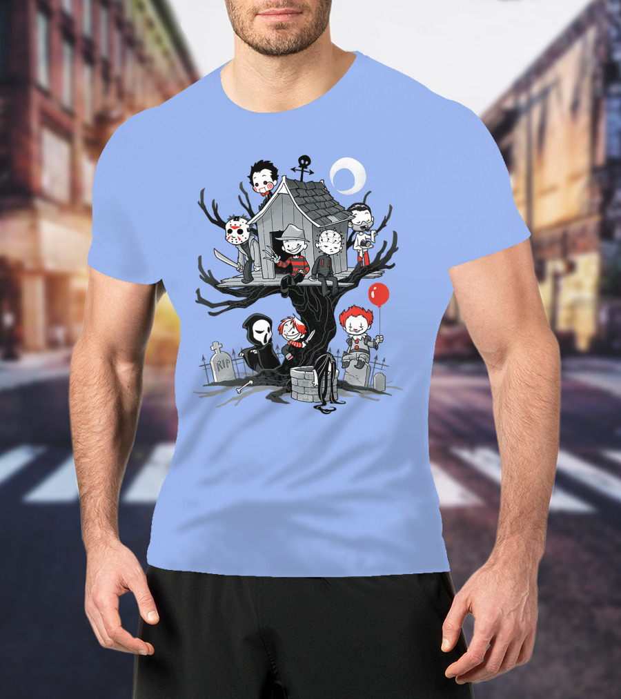 Horror Icons Treehouse Adventure With Scream Mask T-Shirt