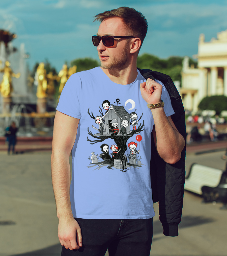 Horror Icons Treehouse Adventure With Scream Mask T-Shirt