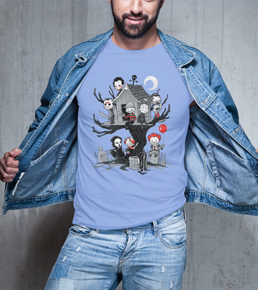 Horror Icons Treehouse Adventure With Scream Mask T-Shirt