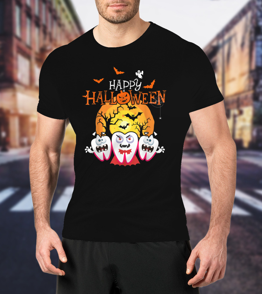 Happy Halloween Scary Dental Teeth With Cracked Moon And Bats T-Shirt