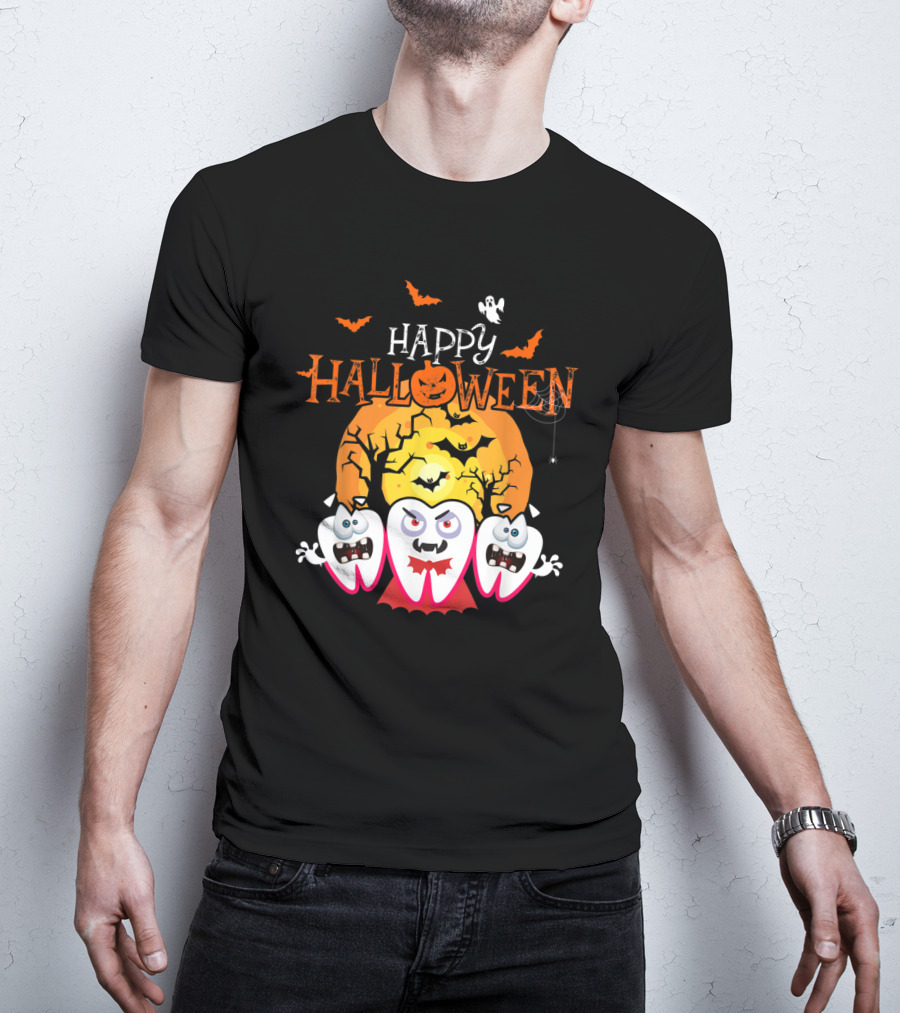 Happy Halloween Scary Dental Teeth With Cracked Moon And Bats T-Shirt