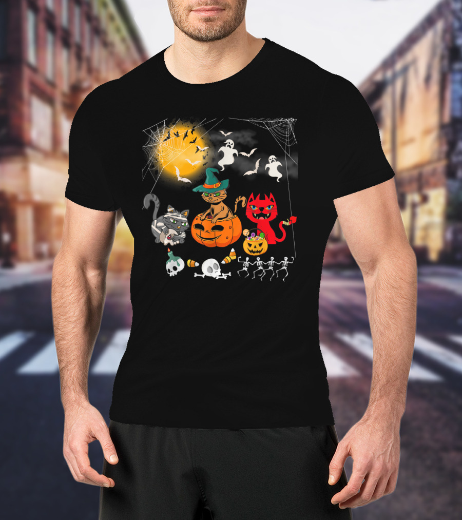 Halloween Funny Cat Lover With Witch Cat And Devil Cat T-Shirt
