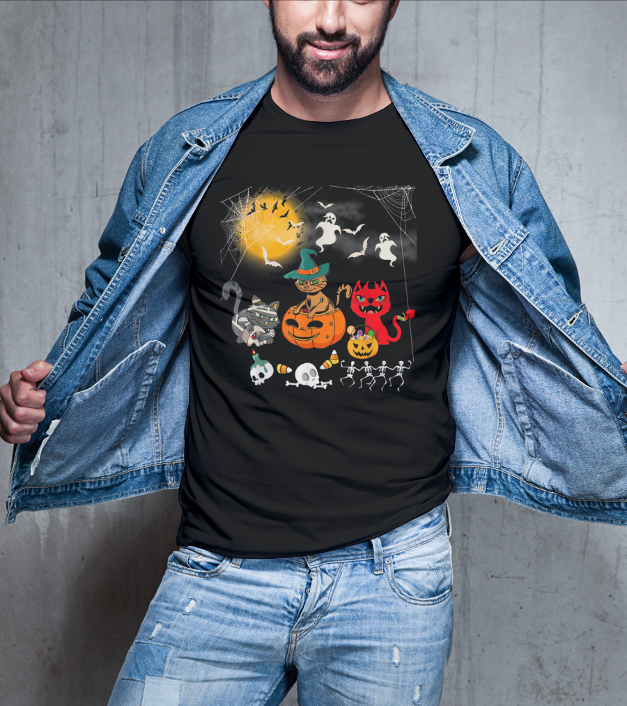 Halloween Funny Cat Lover With Witch Cat And Devil Cat T-Shirt