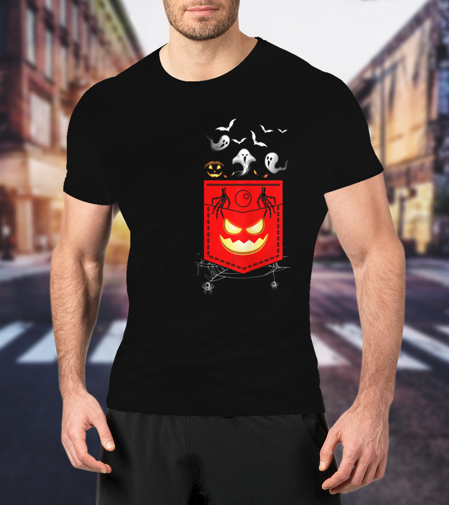 Halloween Costume Ghosts Peeking Pocket Pumpkin Bats Skeleton Spiders T-Shirt