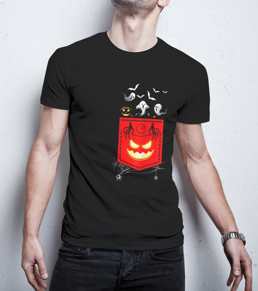 Halloween Costume Ghosts Peeking Pocket Pumpkin Bats Skeleton Spiders T-Shirt