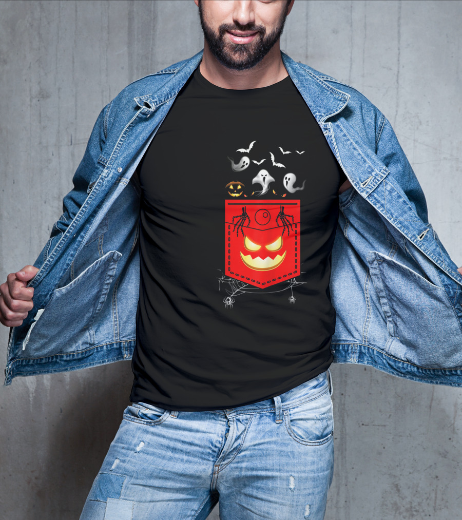 Halloween Costume Ghosts Peeking Pocket Pumpkin Bats Skeleton Spiders T-Shirt