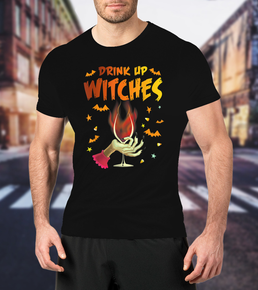 Drink Up Witches Halloween Witch Hand Wine Glass Bat Candy Corn T-Shirt