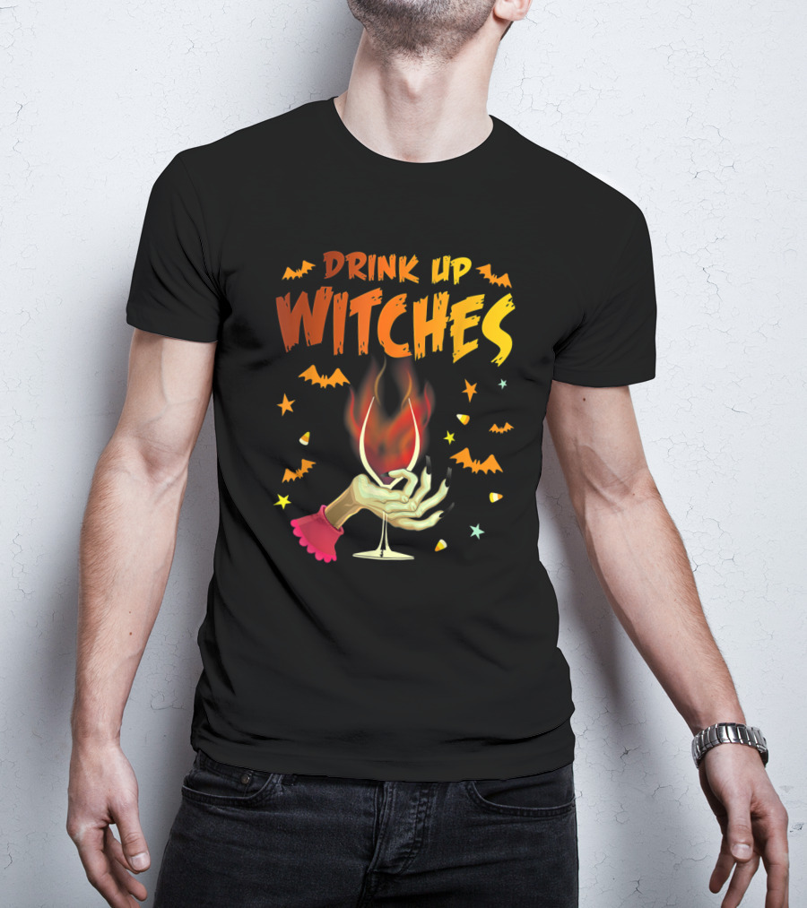 Drink Up Witches Halloween Witch Hand Wine Glass Bat Candy Corn T-Shirt