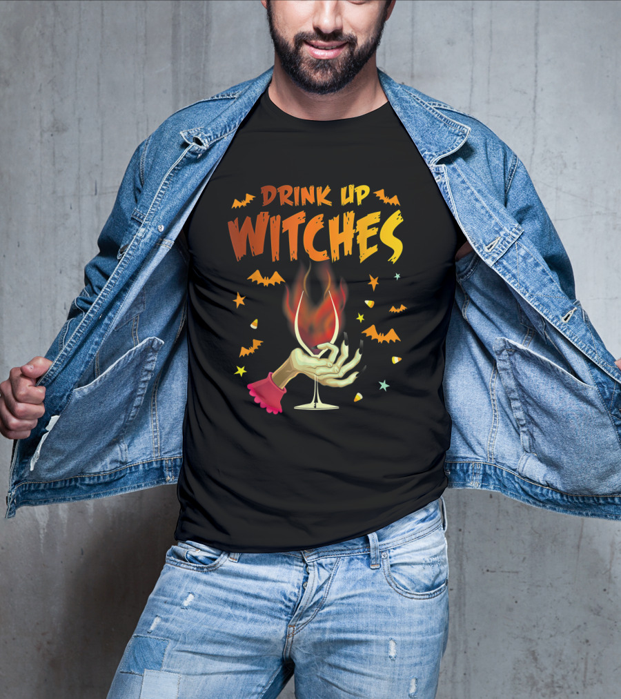 Drink Up Witches Halloween Witch Hand Wine Glass Bat Candy Corn T-Shirt