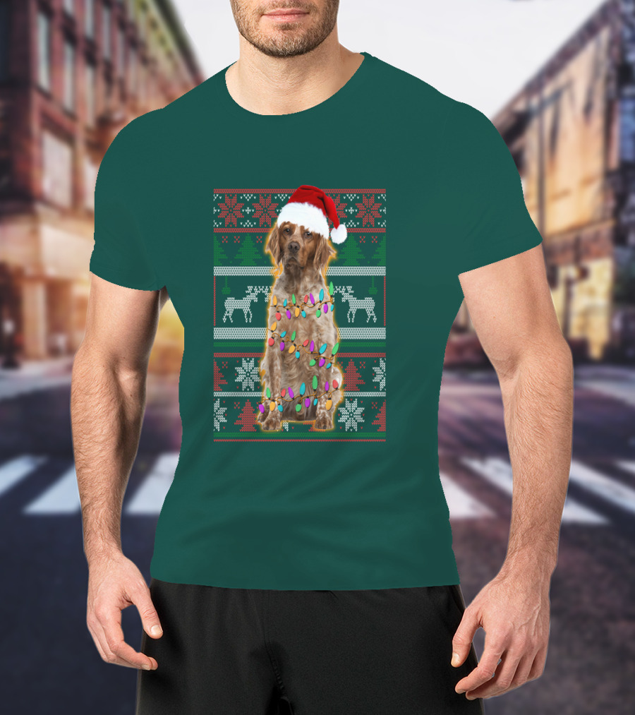 Brittany Dog Santa Hat Christmas Lights And Reindeer Snowflakes T-Shirt