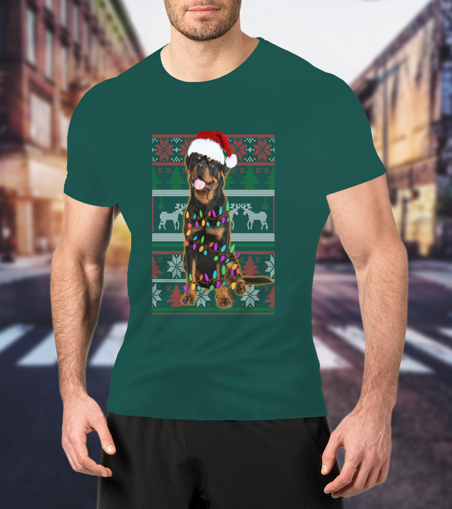 Rottweiler Christmas Lights Ugly Sweater Santa Hat Reindeer Snowflakes T-Shirt