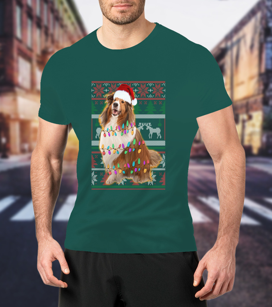 Shetland Sheepdog Christmas Lights Sweater Santa Hat Holiday Festive T-Shirt