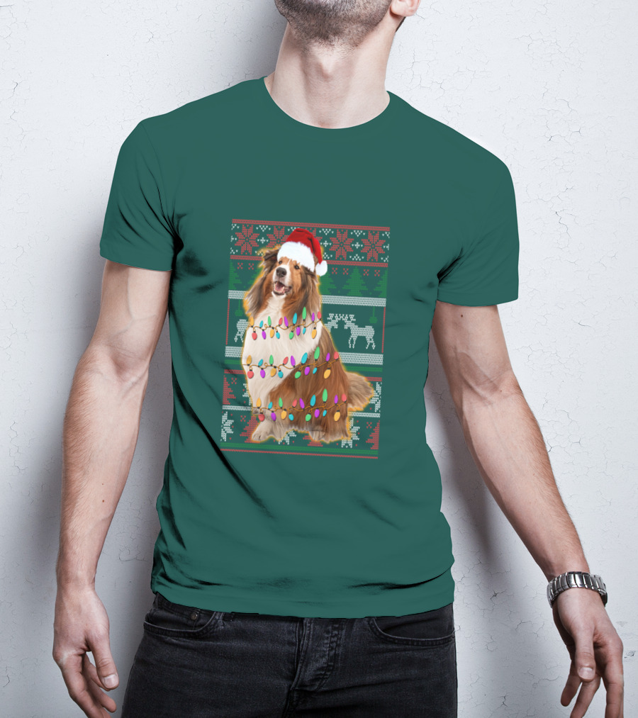 Shetland Sheepdog Christmas Lights Sweater Santa Hat Holiday Festive T-Shirt