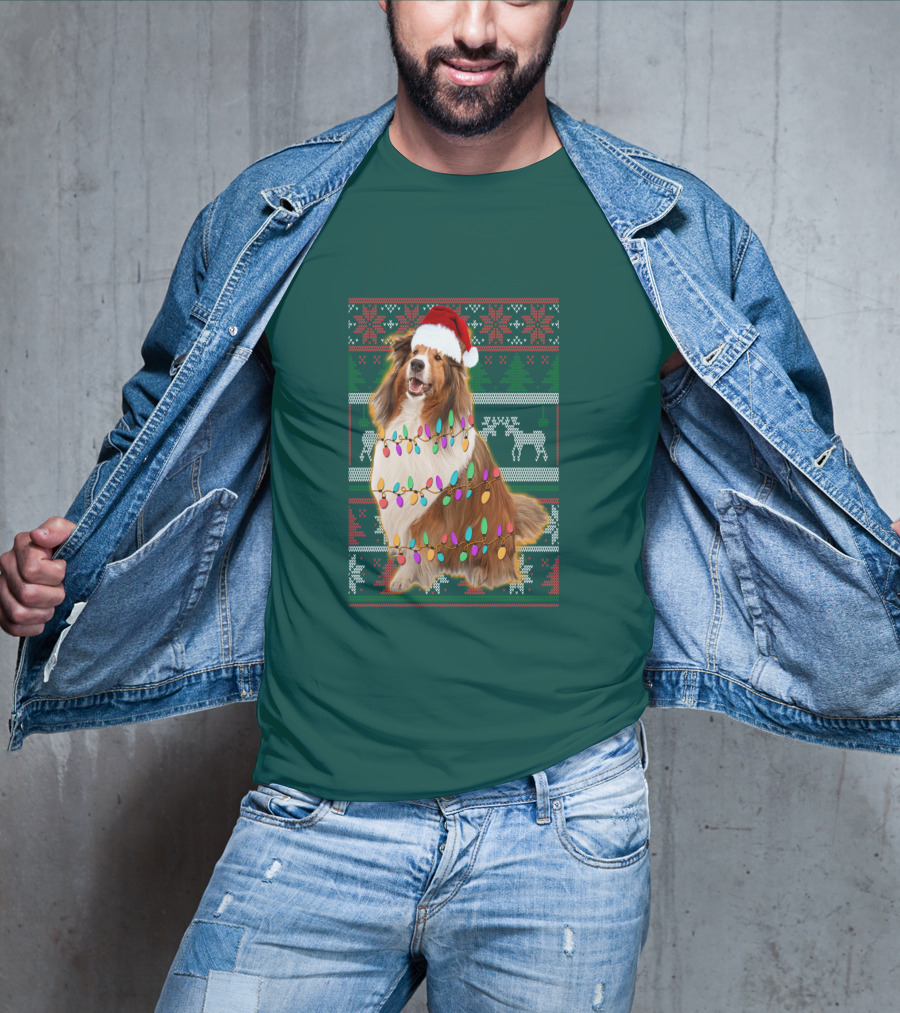 Shetland Sheepdog Christmas Lights Sweater Santa Hat Holiday Festive T-Shirt