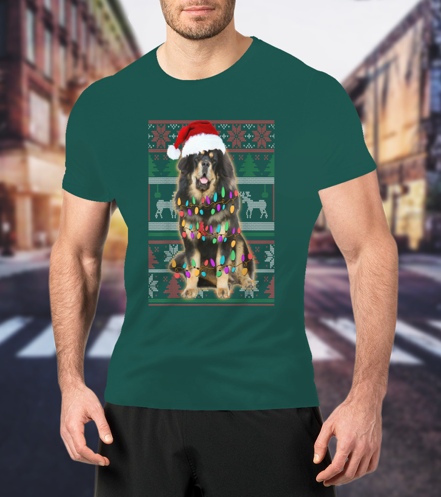 Tibetan Mastiff Christmas Sweater With Lights And Santa Hat T-Shirt