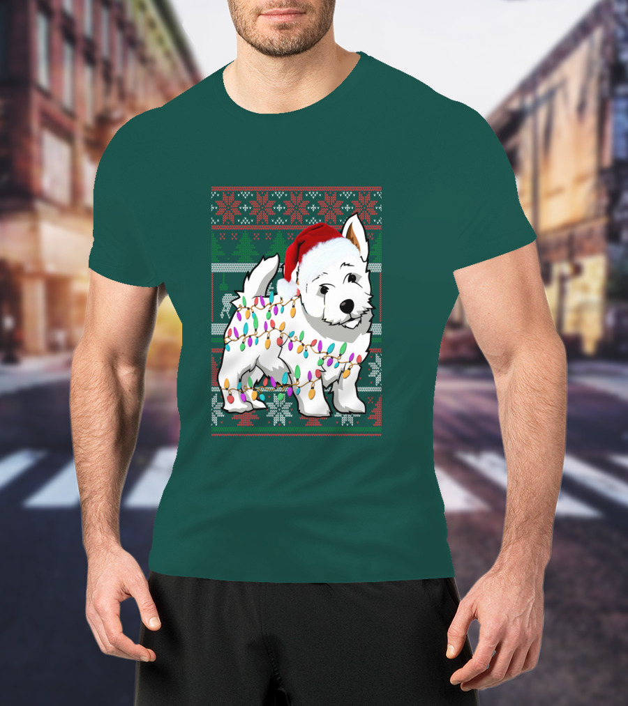 West Highland White Terrier Christmas Lights Ugly Sweater Santa Hat T-Shirt