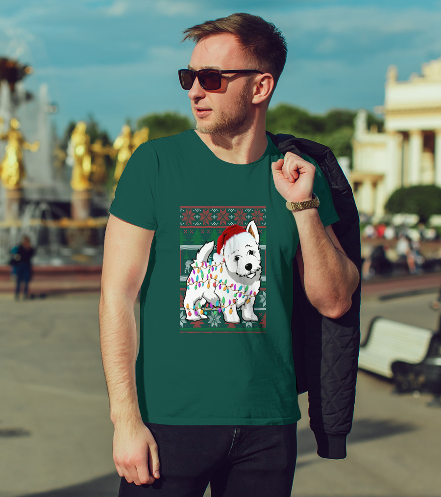 West Highland White Terrier Christmas Lights Ugly Sweater Santa Hat T-Shirt