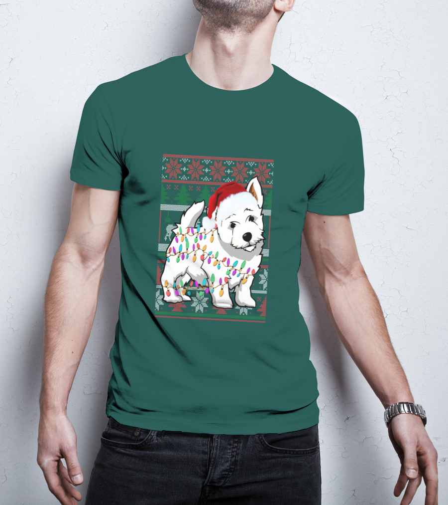 West Highland White Terrier Christmas Lights Ugly Sweater Santa Hat T-Shirt