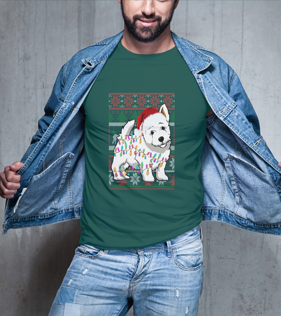 West Highland White Terrier Christmas Lights Ugly Sweater Santa Hat T-Shirt