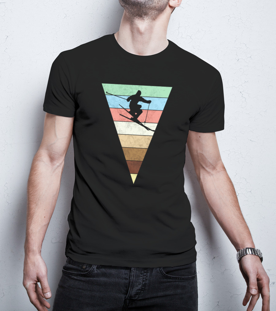 Skiing Vintage Print Silhouette With Retro Stripes For Skiers T-Shirt
