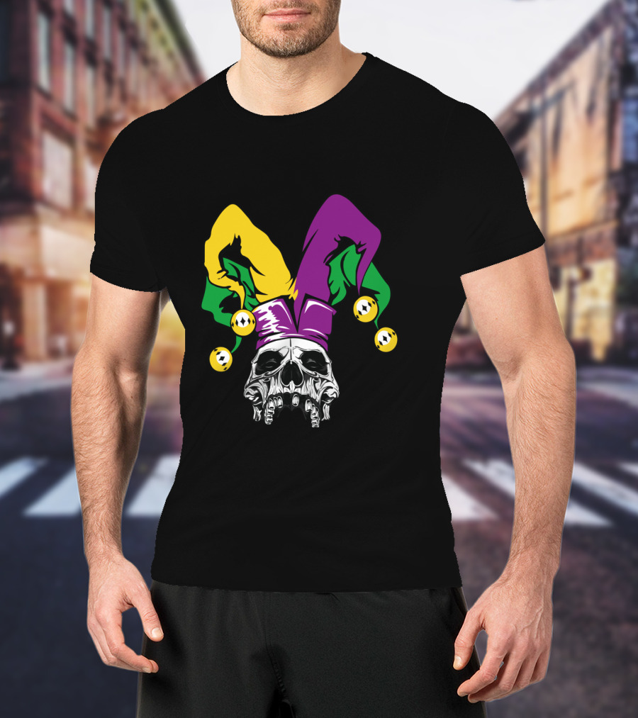 Mardi Gras Skull Jester Hat Purple Green Yellow T-Shirt