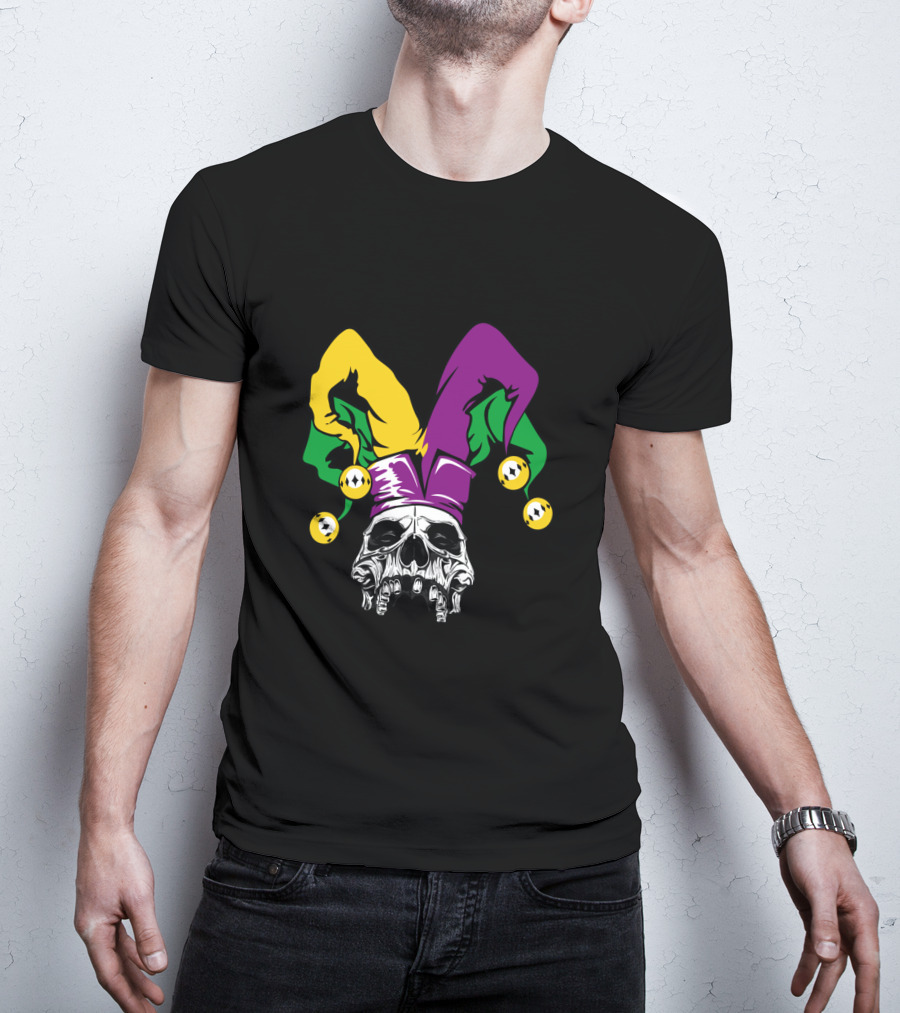 Mardi Gras Skull Jester Hat Purple Green Yellow T-Shirt