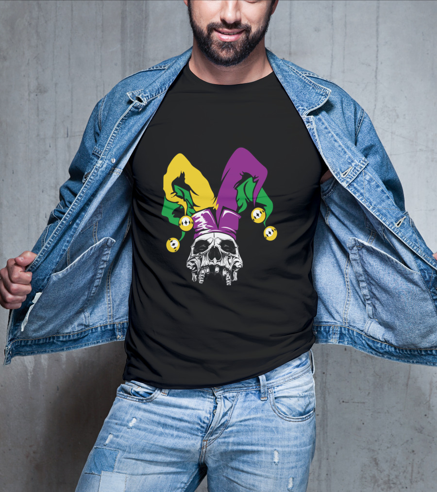 Mardi Gras Skull Jester Hat Purple Green Yellow T-Shirt