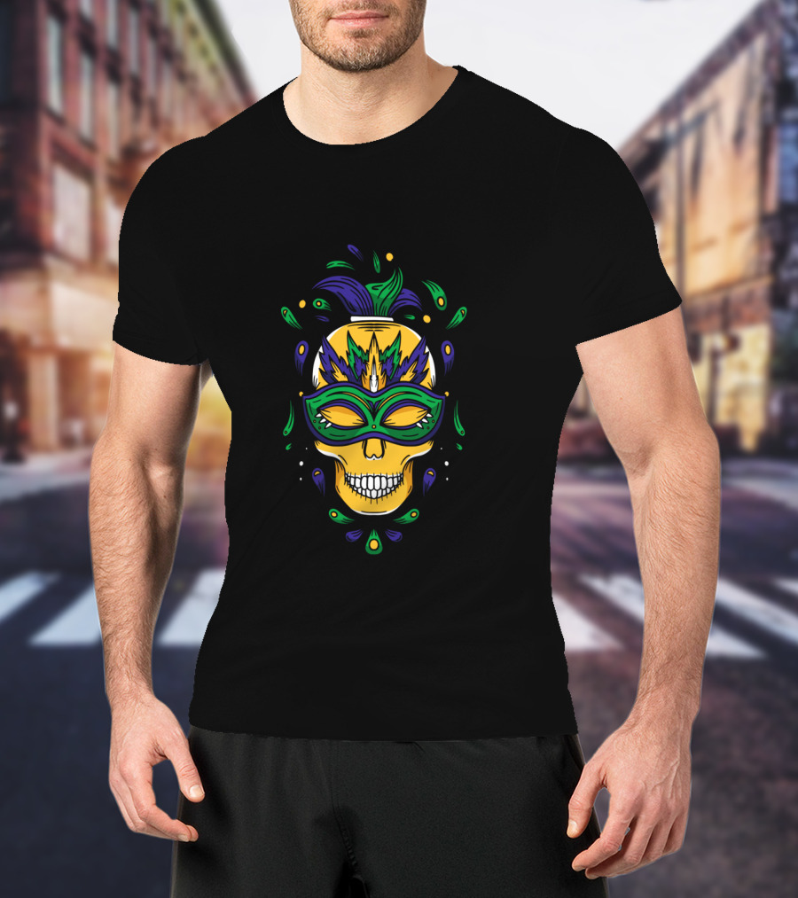 Mardi Gras Skull Jester Mask With Feathers And Colors T-Shirt