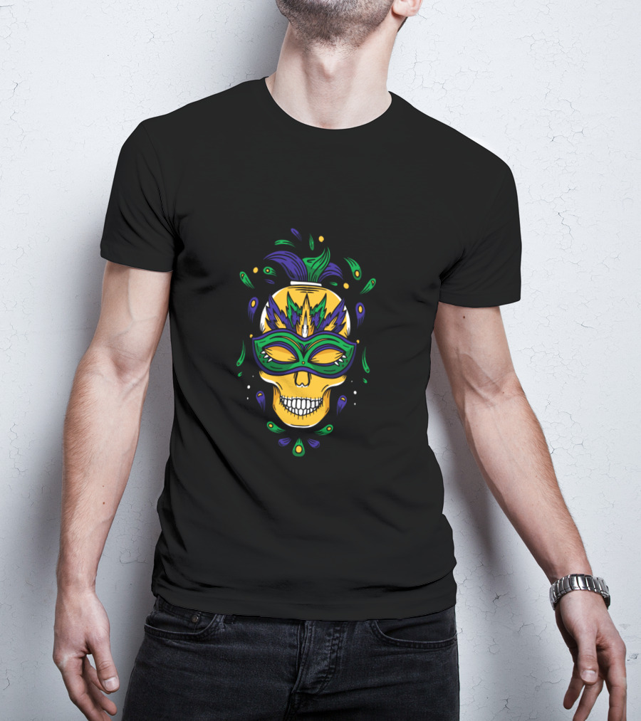 Mardi Gras Skull Jester Mask With Feathers And Colors T-Shirt
