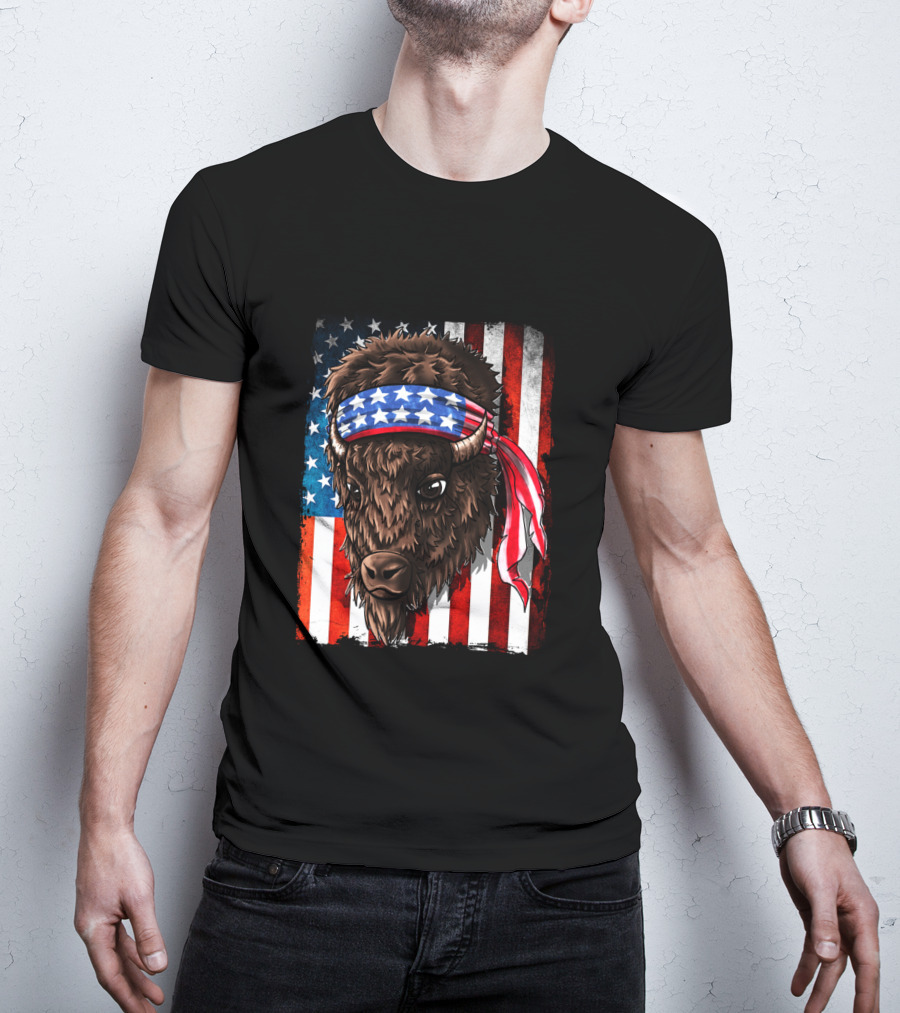 Buffalo With American Flag Headband On Patriotic Western Background T-Shirt