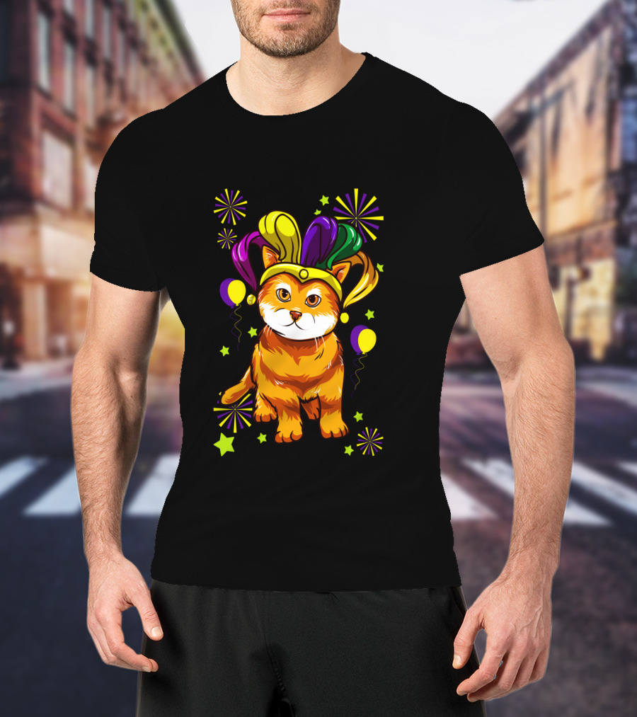 Mardi Gras Cat Lovers Jester Hat Festive Cat T-Shirt