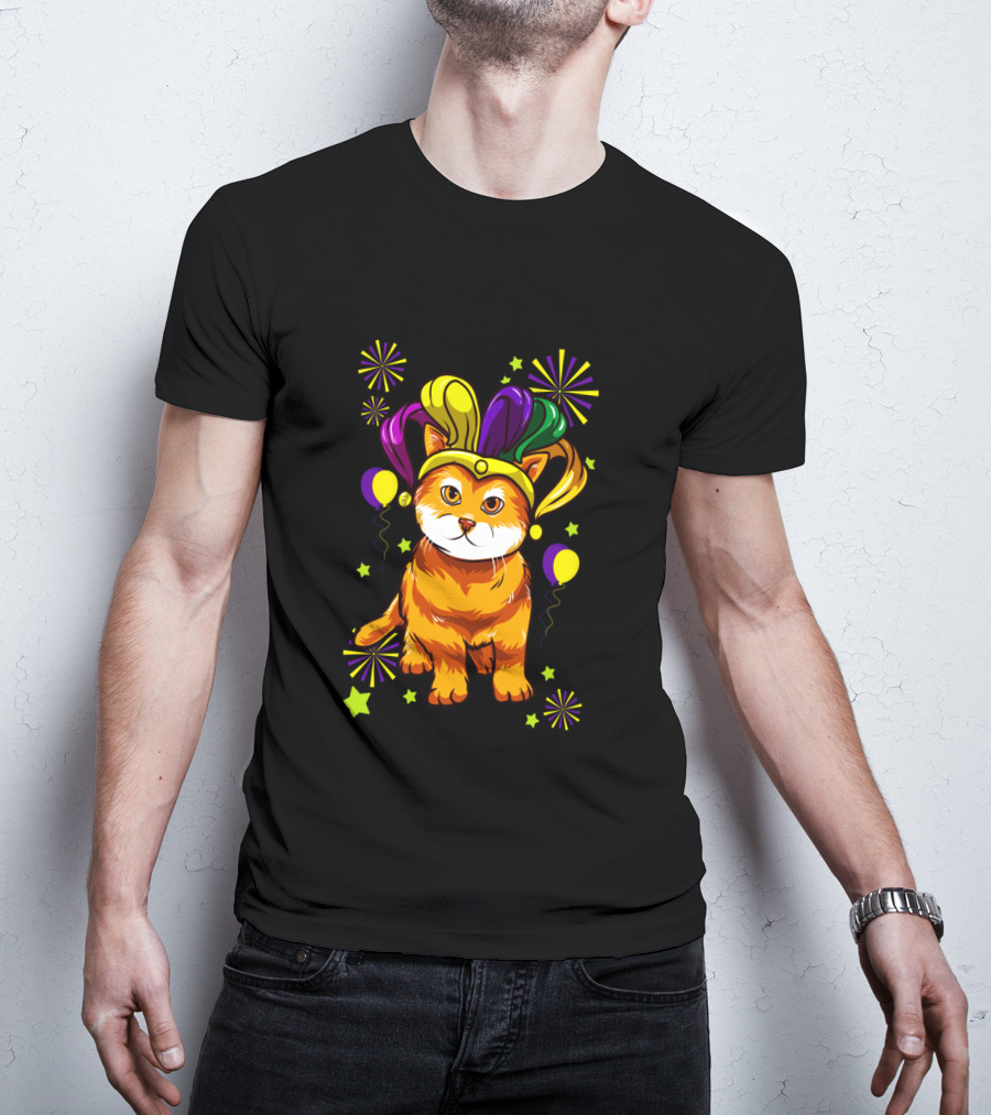 Mardi Gras Cat Lovers Jester Hat Festive Cat T-Shirt