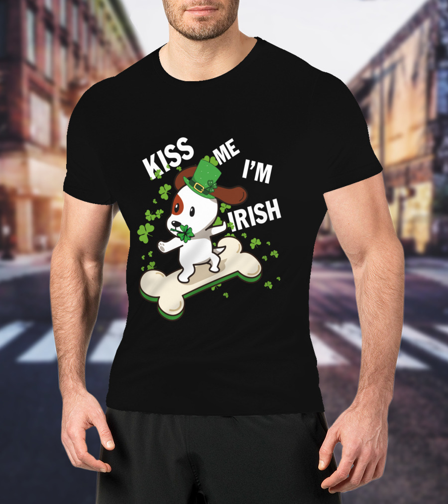 Kiss Me I'm Irish Jack Russell Dog With Lucky Shamrock And Hat On Bone T-Shirt