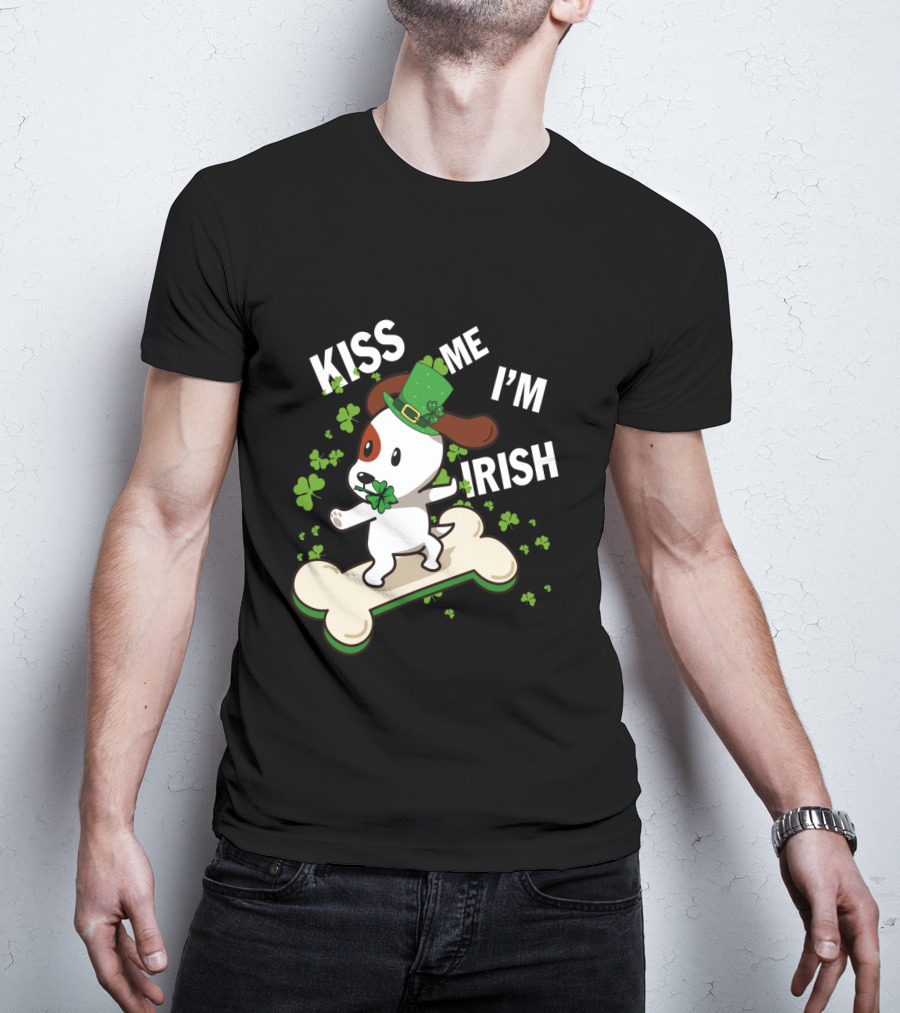 Kiss Me I'm Irish Jack Russell Dog With Lucky Shamrock And Hat On Bone T-Shirt