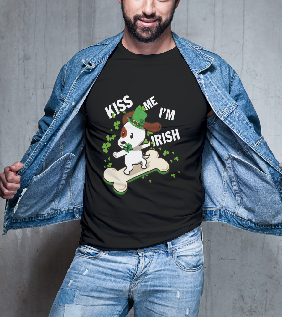 Kiss Me I'm Irish Jack Russell Dog With Lucky Shamrock And Hat On Bone T-Shirt