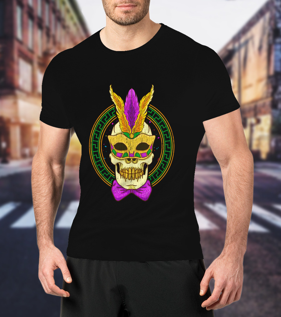 Mardi Gras Feathered Skull Mask With Colorful Bowtie T-Shirt