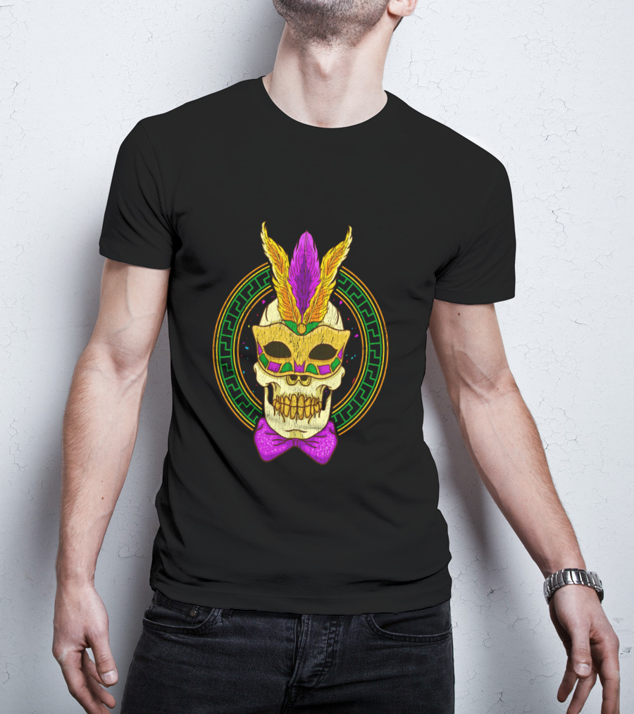 Mardi Gras Feathered Skull Mask With Colorful Bowtie T-Shirt
