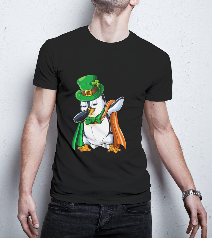 Penguin Dabbing Leprechaun Hat Irish Flag Cape T-Shirt