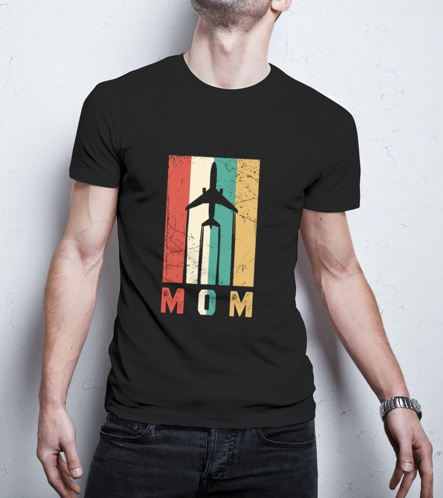 Mom Airplane Retro Vintage Pilot Stripe T-Shirt