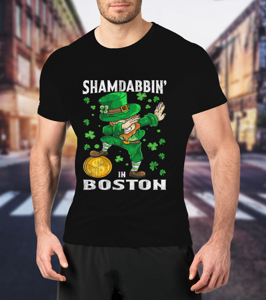 Shamdabbin In Boston Dabbing Leprechaun With Gold Coin And Shamrocks T-Shirt