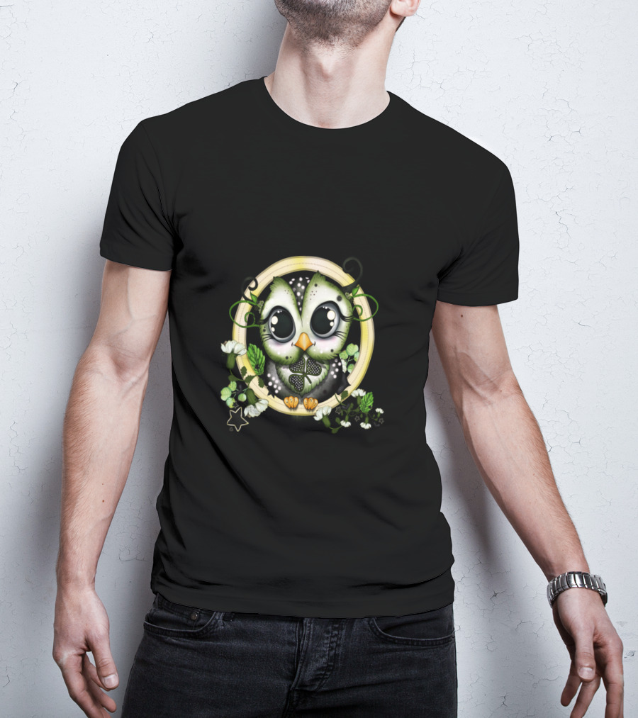 St. Patricks Day Owl Surrounded By Green And White Floral Elements T-Shirt