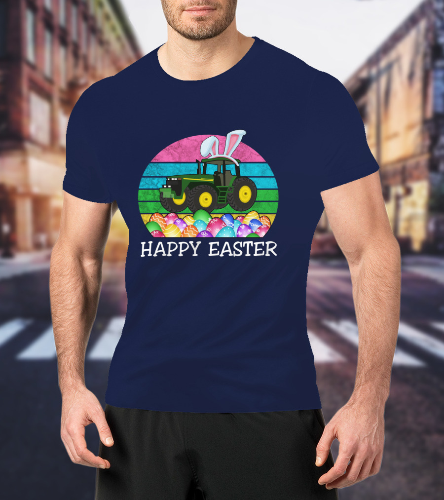 Happy Easter Vintage Bunny Ears With Tractor And Colorful Eggs T-Shirt