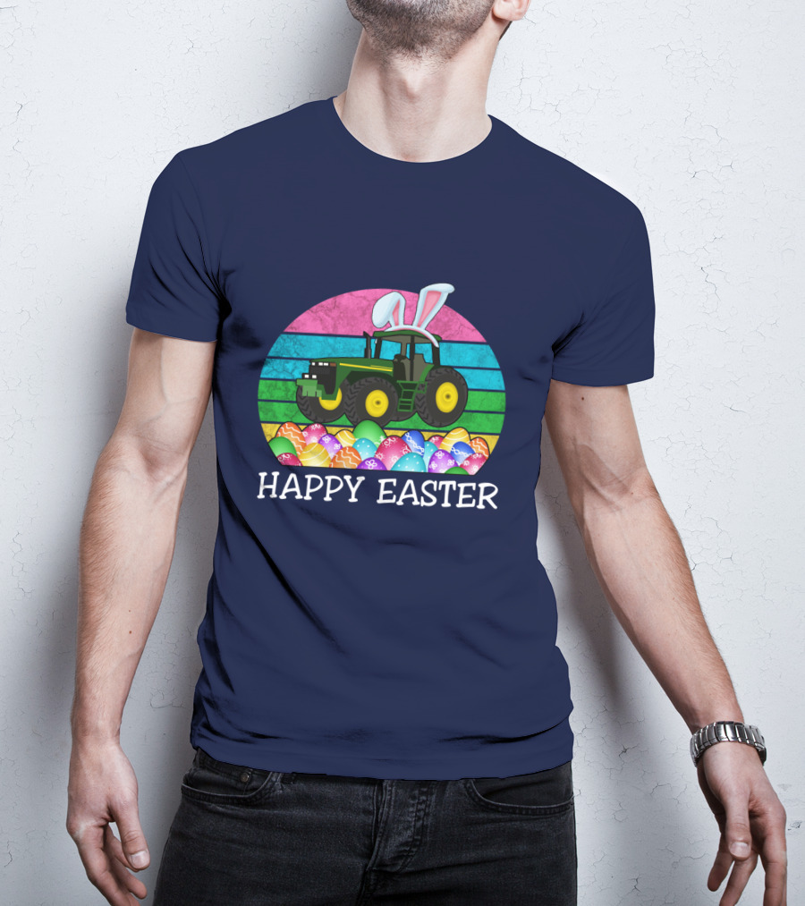 Happy Easter Vintage Bunny Ears With Tractor And Colorful Eggs T-Shirt