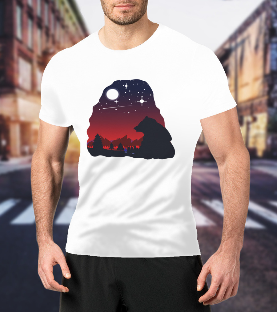 Bear Wildlife Animal Stargazing In Mountain Night Scene T-Shirt