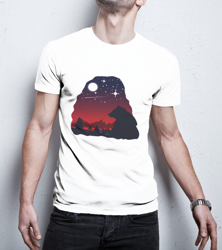 Bear Wildlife Animal Stargazing In Mountain Night Scene T-Shirt